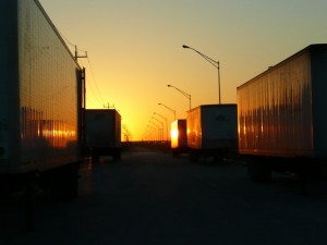 NAFTA trucks at dawn.