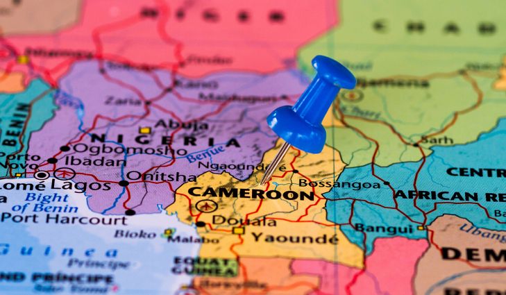 Map of Cameroon with a pushpin on it